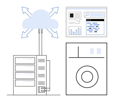 Oklar, veri analiz paneli ve depolama sürücüsüyle veri sunucularına bağlanan bulut. Teknoloji, bulut hizmetleri, veri yönetimi, bilişim çözümleri, uzaktan depolama, basit analizler için ideal