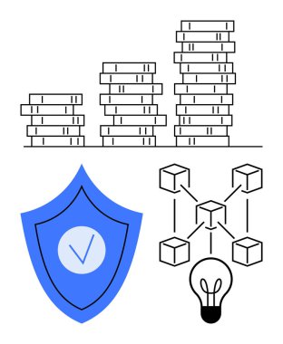 Birikmiş bozuk paralar, engelleme simgeleri, güvenlik işaretli kalkan ve ampul. Finans, engelleme zinciri, güvenlik, yenilik, fintech kripto para birimi ve basit iniş sayfası için ideal