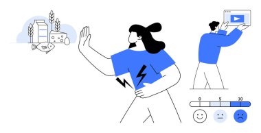 Kadın yiyeceklere sırt çeviriyor alerji reaksiyonuna neden oluyor, erkek ekranda özel ders videosu izliyor, alerji ölçeğinde. Sağlık bilinci, beslenme, refah, eğitim, gıda güvenliği, alerji için ideal