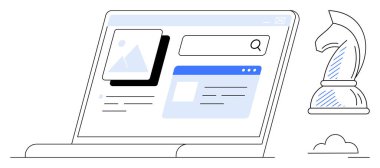 Arama arayüzü, görüntü önizlemesi ve satranç şövalyesiyle birlikte içeriği gösteren dizüstü bilgisayar. Strateji, planlama, veri analizi, yenilik, dijital pazarlama, iş büyümesi için ideal