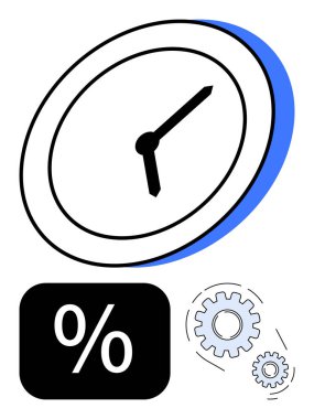 Cesur elli duvar saati, yüzde işareti, ve mekanik vitesler zaman takibi, verimlilik ve optimizasyon. Bitiş tarihleri, tasarruflar, zamanlama ve verimlilik planlama için ideal