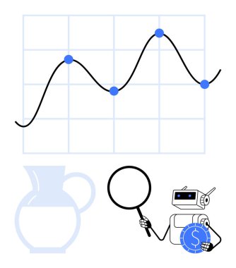 Robot, bir grafikte yükselen veri noktalarını, bir büyüteç ve bozuk para tutarak araştırıyor. Fintech, Al, analitik, ekonomi, araştırma, otomasyon yeniliği için ideal. Düz basit metafor