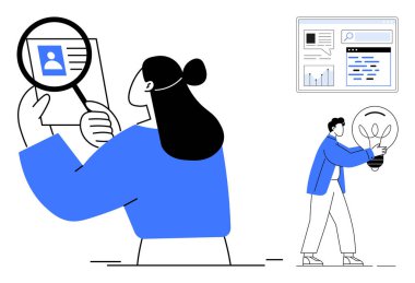 Aday profilini analiz eden kadın, elinde ampul tutan adam yaratıcılığı, analitik arayüzü sembolize eden adam. İK için ideal, işe alım, yenilik, analitik, takım çalışması, problem çözen basit iniş sayfası