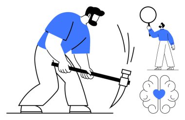 Adam kazma sallıyor, başka bir balon tutuyor ve kalbi olan beyin yaratıcılığı, çabayı ve yeniliği vurguluyor. Takım çalışması, strateji, psikoloji, kişisel gelişim motivasyonu için ideal