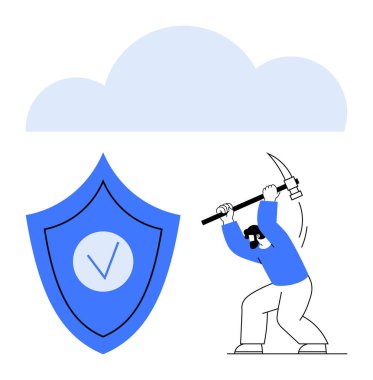 Kazmalı bir adam bulutun altında büyük, güvenli bir kalkanın yakınına çarpıyor. Siber güvenlik, bulut depolama, veri ihlali, hack önleme, bilişim güvenliği, teknoloji güvenliği, basit iniş sayfası için ideal