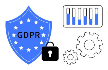 Kalkan etiketli GDPR, kilit simgesi, bar şeması ve veri koruması, analitik, yönetim ve verimliliği vurgulayan vitesler. Mahremiyet ve siber güvenliğe uyum sağlama riski olan yasal teknoloji için ideal
