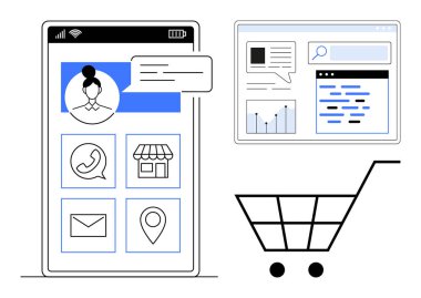 Kullanıcı profilli akıllı telefon ekranı, iletişim için uygulama simgeleri, dükkan, konum, e-posta, analitik gösterge paneli, alışveriş arabası. Perakende, teknoloji UX tasarım analitik pazarlama için idealdir.