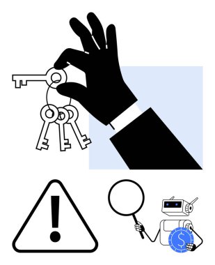 Uyarı sembolüyle eşleştirilmiş elle kavrama anahtarları arama için büyüteç ve mali analiz robotu. Güvenlik, erişim, ihtiyat, teknoloji, analiz AI finans için ideal
