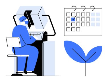 İşçi otomatik makine kullanıyor, işaretli tarih ve yaprağın bitişiğindeki eko-odağı temsil ediyor. Otomasyon, üretim planlaması, programlama, sürdürülebilirlik, yenilik, verimlilik için ideal