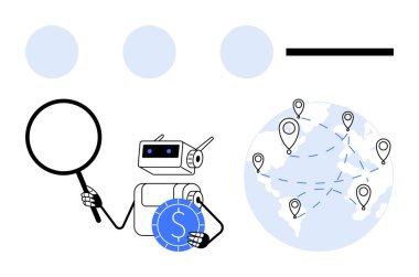 Robot elinde büyüteç tutuyor. Küresel haritanın yanında üzerinde noktalı çizgiler ve işaretler olan dijital sikkeleri inceliyor. Finans, para birimi, yapay zeka, robotik, ağlar, küresel ekonomi ve dijital analiz için ideal