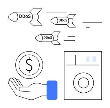 Füzeler ödeme sistemlerine ve bir sunucuya doğru uçan DDoS etiketli, siber saldırıları ve maddi zararları temsil ediyor. Dijital güvenlik, hackleme, veri koruması, risk analizi ve bilişim çözümleri için ideal