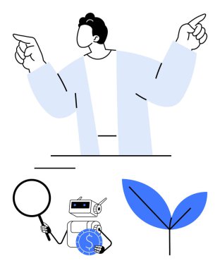 İki eliyle işaret eden kişi, büyüteç ve bozuk para tutan robot ve filizlenen yeşil bitki. Teknoloji, finans, yapay zeka, sürdürülebilirlik, büyüme yenilik liderliği için idealdir. Düz basit
