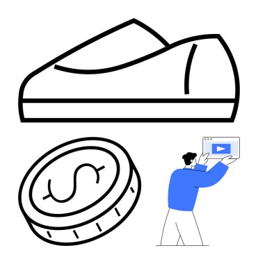 Büyük ayakkabı hatları, maddi hedefleri simgeleyen dolar parası video içeriği gösteren bir adam. İş için ideal, e-ticaret, pazarlama, teknoloji, yaratıcılık, satış büyümesi basit iniş sayfası