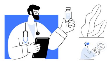 Doktor elinde bir tablet tutuyor, ilaç şişesini inceliyor, fütürist yapay zeka beyni inceliyor. Yenilik, sağlık, tıbbi araştırma, eczane, bilim, teknoloji için ideal basit yapay zeka