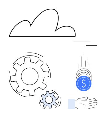 Büyük ve küçük viteslere bağlı bulut işlemleri sembolize eder, madeni paralar açık elle elde edilen gelirleri temsil eder. Fintech, otomasyon, yenilik, maliyet verimliliği, bulut çözümleri için ideal