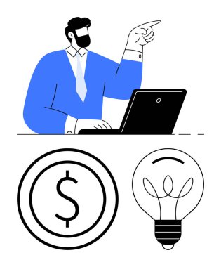 İş adamı dizüstü bilgisayarda çalışıyor, beyin fırtınası yaparken işaret ediyor. Dolar işareti madeni para ve ampul finans ve yeniliği simgeliyor. İş için ideal, finans, yaratıcılık, strateji, planlama