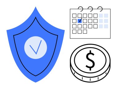 Korunmak için keneli kalkan, zaman çizelgesi için takvim, para için para. Sigorta, finansal planlama, siber güvenlik, programlama, zaman yönetimi güvenliği için ideal. Düz