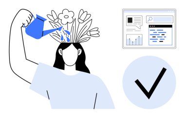 Başından çiçekleri sulayan bir kadın, tarayıcı penceresi ve bir işaret. Kişisel bakım, eğitim, yaratıcılık, öğrenme ve zihinsel sağlık için ideal. Basit iniş sayfası