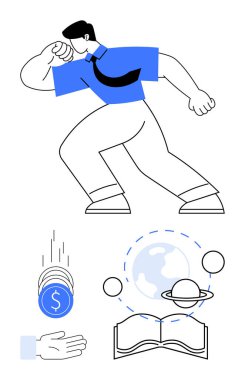 Küre, açık kitap, gezegen, madeni para ve el elementleriyle hareket eden güçlü bir figür. Liderlik, öğrenme, finans, ilerleme arama motivasyonu için ideal basit bir iniş sayfası