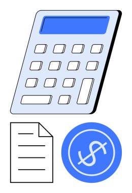Belge yakınındaki hesap makinesi ve dolar simgesi finans, bütçe, muhasebe, vergi, gider takibi, kar analizi, veri girişini yansıtıyor. Finansal planlama için ideal, basit bir metafor.