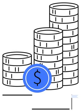 Mavi dolar sembollü para yığınları zenginliği, finansal planlamayı, yatırımı ve ekonomik büyümeyi temsil ediyor. Bankacılık, tasarruf, çevrimiçi ödemeler, bütçe ve iş ekonomisi analizleri için ideal