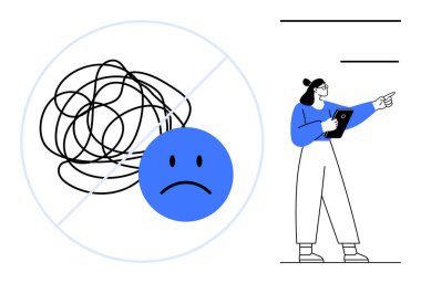 Karışık karalamaların içindeki üzgün surat, sorun çözünürlüğünü ya da berraklığını gösteren not panosu olan kadın. Ruh sağlığı, rehberlik, kişisel gelişim, takım çalışması, üretkenlik ve çözüm için ideal