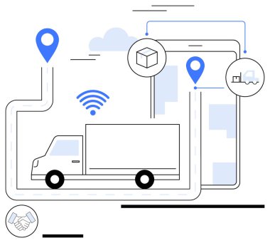 GPS işaretli bir güzergahta, içinde mobil bir cihaz, bulut, kablosuz sinyal ikonu ve teslimat paketi olan bir kamyon. Lojistik, nakliye, izleme, filo yönetimi ve bağlantı teknolojisi için ideal