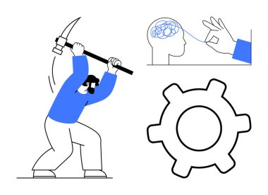 Kazma sallayan adam, ipliği ayarlanmış beyin ve çabayı, odaklanmayı ve mekaniği sembolize eden vites. Yaratıcılık, yenilik, problem çözme, üretkenlik mühendisliği motivasyonu için ideal