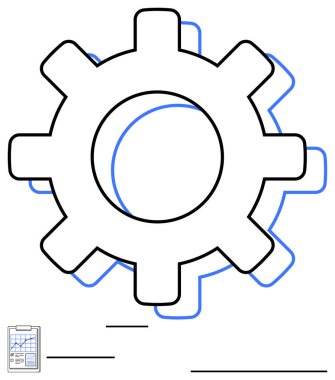 İnce hatlı büyük teçhizat işlevselliği, verimliliği ve mekanik sistemleri gösteriyor. Küçük raporlar verileri, analizleri ve stratejik planlamayı sembolize eder. Otomasyon ve mühendislik için ideal.