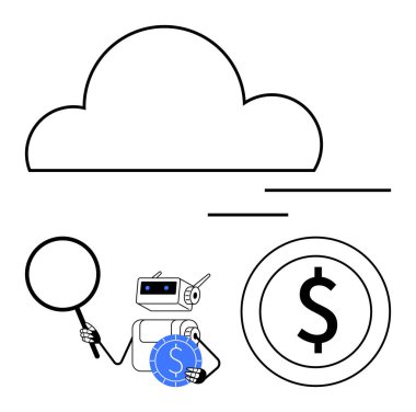 Robot büyüteç tutuyor, bulut ve madeni para sembolünü inceliyor. Yapay zeka, teknoloji, finans, bulut hesaplama, kripto para, analitik yenilik için ideal. Minimalist düz basit metafor