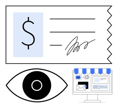 Döviz sembolü ve imzalı bir çek, izleme ya da güvenliği sembolize eden bir göz ve çevrimiçi dükkan ve reklamları olan bir bilgisayar ekranı. E-ticaret, dijital güvenlik, reklam ve finans için ideal