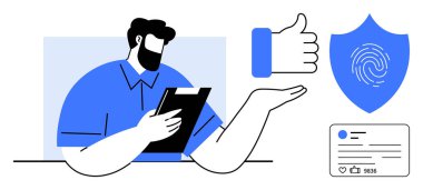 Başparmak izi ikonu, parmak izi kalkanı ve sosyal medya arayüzünde el kol hareketi yapan bir adam. Siber güvenlik, veri gizliliği, dijital güven, sosyal medya güvenliği, kullanıcı güvenliği, çevrimiçi için ideal