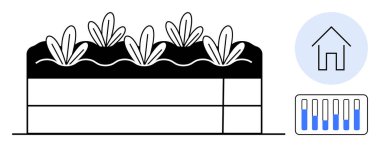 Yüksek bahçe yatağı, bitkiler, mavi daireli ev ikonu, sıcaklık izleme tablosu. Sürdürülebilirlik, bahçıvanlık, eko-yaşam, akıllı evler, kentsel tarım, iklim kontrolü sade iniş için ideal