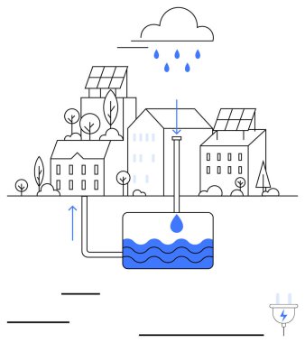 Çatılardan toplanan yağmur suyu güneş enerjisiyle çalışan bir yeraltı tankına akıyor. Sürdürülebilirlik, su tasarrufu, çevre dostu yaşam, yenilenebilir enerji, kentsel planlama, yeşil