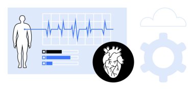 Grafiksel insan figürü, ECG dalga formu, kalp diyagramı, bulut ve dişli ikonu sağlık denetimini sembolize eder. Sağlık, teknoloji, kardiyoloji, bulut hesaplama yenilikleri için ideal