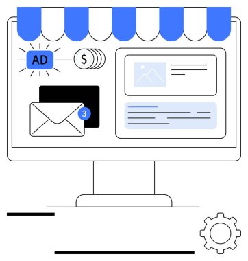 Reklam, bozuk para yığını, zarf ve içerik blokları da dahil olmak üzere e-ticaret unsurları içeren bilgisayar monitörü. Pazarlama, e-ticaret, reklam, analitik iş otomasyonu için ideal