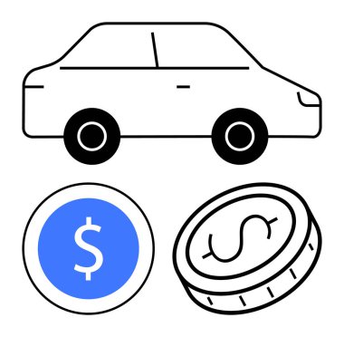 Bozuk para ve mavi para çemberinin yanında siyah araba ana hatları var. Otomobil satışları, kredi hizmetleri, kiralama programları, ulaşım ekonomisi, finansal uygulamalar, maliyet tasarrufu stratejileri, basit iniş stratejileri için ideal