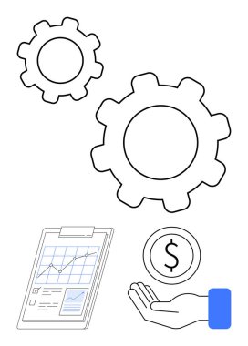 Birbirine bağlı vitesler, grafikli mali belgeler, el ele tutuşan para birimi simgesi. İş süreci için ideal, finansal strateji, girişimcilik, otomasyon, yenilik, yatırım sade iniş