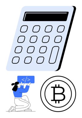 Büyük hesap makinesi, kodlama üzerinde çalışan birey ve Bitcoin logosu. Fintech, kripto para birimi, programlama, finans, engelleme teknolojisi eğitimi için ideal. Düz basit metafor