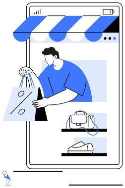 Büyük bir akıllı telefon ekranı, mağaza vitrinleri, sergilenen eşyalar ve elinde indirim çantası olan bir müşteri. E-ticaret için ideal, çevrimiçi perakende, dijital alışveriş, indirimler, cep telefonu mağazası