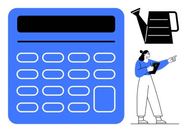 Tablet puanlarını elinde tutan kadın büyük mavi hesap makinesi ve sulama kutusunun yanında güvenle duruyor. Finans, eğitim, iş planlaması, kişisel büyüme, üretkenlik, takım çalışması, basit iniş sayfası için ideal