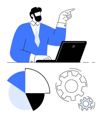 Bir dizüstü bilgisayarın başında çalışan, ileriyi gösteren, bir pasta grafiği ve dişlilerle. Takım çalışması, strateji, analiz, liderlik, yönetim verimlilik planlaması için ideal. Düz basit metafor