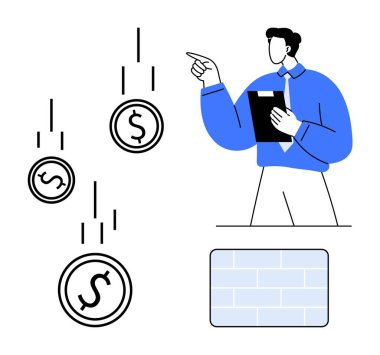 Profesyonel bir pano, tuğla duvarın yanındaki bozuk paraları gösteriyor. Finans, yatırım, ekonomik risk, karar verme, büyüme, piyasa analizi stratejisi için ideal. Düz basit