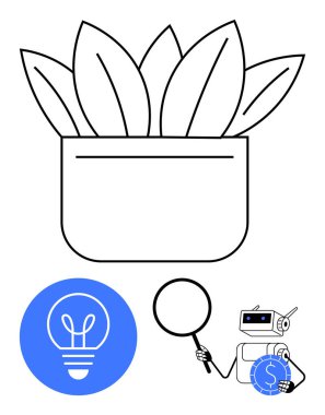 Yapraklı asgari saksı bitkisi, büyüteç, fikirler için ampul, robot finans araştırması ve mavi sikke. Çevre, büyüme, yenilik, keşif teknolojisi için ideal Düz finans