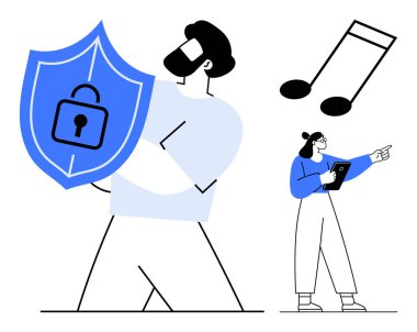 Güvenliği simgeleyen kalkanlı bir adam ve elinde tablet tutan bir kadın. Yüzen nota yaratıcılığı temsil ediyor. Siber güvenlik, dijital işbirliği, yenilik, beyin fırtınası, müzik için ideal