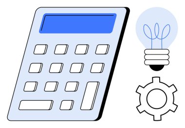 Mavi ekran ile hesap makinesi, fikirleri sembolize eden ampul ve gelişim için teçhizat. Finans, teknoloji, eğitim, yenilik, sorun çözme, üretkenlik ve basit bir iniş sayfası için ideal