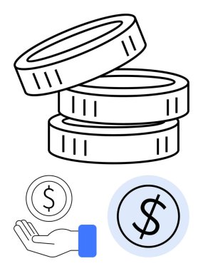 Para yığını zenginliği simgeler, para vermek cömertliği gösterir, bir çemberdeki dolar işareti parayı yansıtır. Finans, tasarruf, yatırım, bağış, gelir ve ekonomi için ideal
