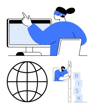 Bir bilgisayardaki profesyonel analiz verileri, küresel şebeke çizelgeleri, risk bloklarını istifleyen insanlar. Teknoloji için ideal, küresel iş, karar verme, veri analizi, strateji, planlama basit