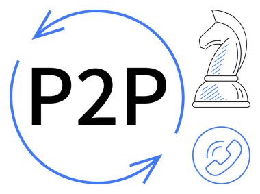 Dairesel oklarla çevrili P2P metni, strateji için satranç şövalyesi, iletişim için telefon ikonu. Takım çalışması, bağlantı, işbirliği, strateji, yenilik ağı basitliği için idealdir. Düz
