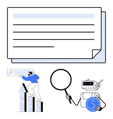 Arama çubuğu grafiği çubuğu kullanan adam büyüme analizini gösterir, büyüteç ve bozuk parayla robot otomasyon ve finansmanı ön plana çıkarır. Yenilik için ideal, yapay zeka teknolojisi, veri araması, strateji